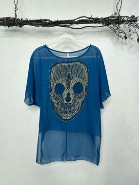 Auditions Sheer Teal Blue Short-Sleeve Top with Gold Skull